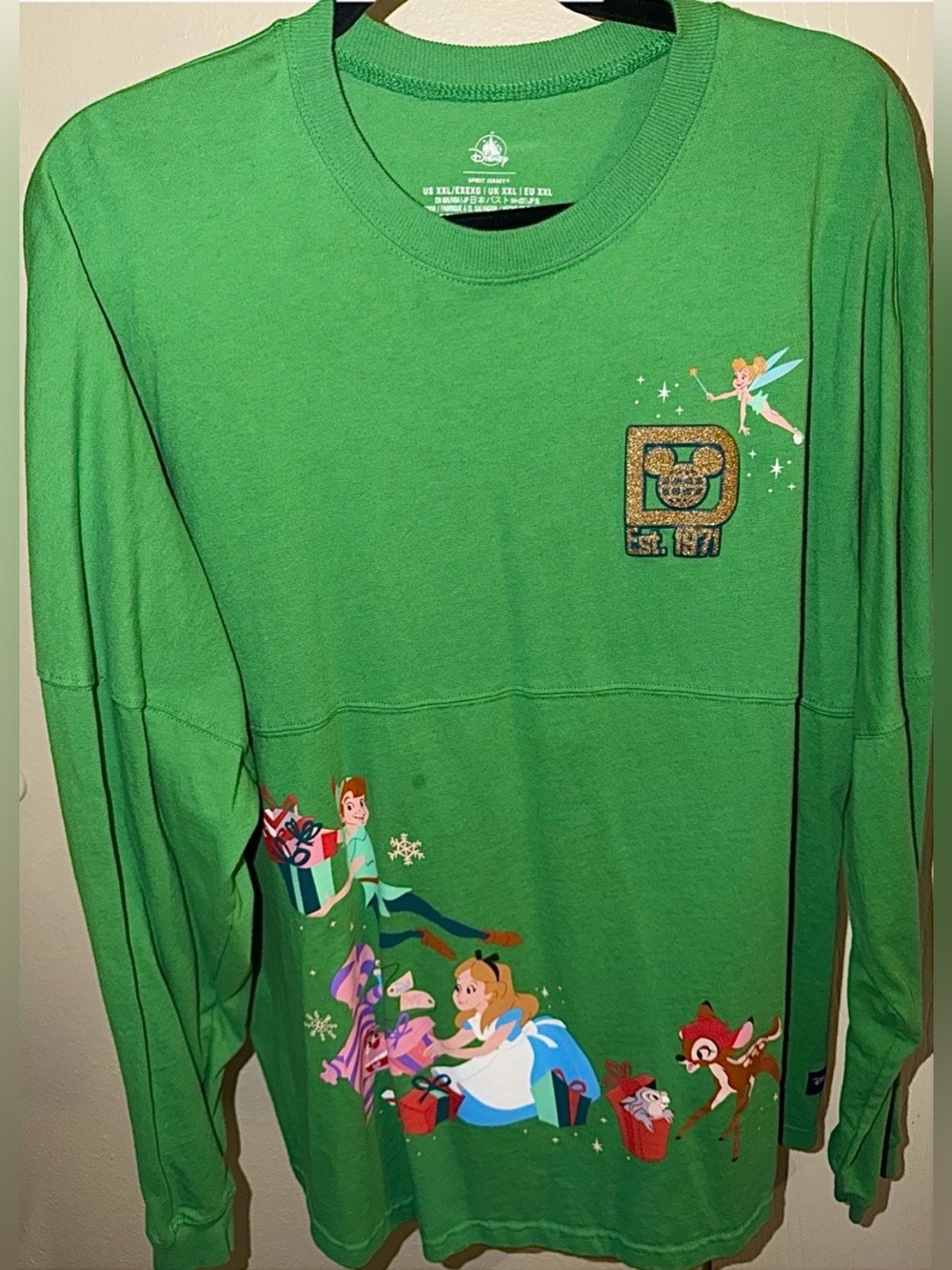 Disney Green Holiday Mickey & Friends Spirit Jersey with Gold Glitter Logo